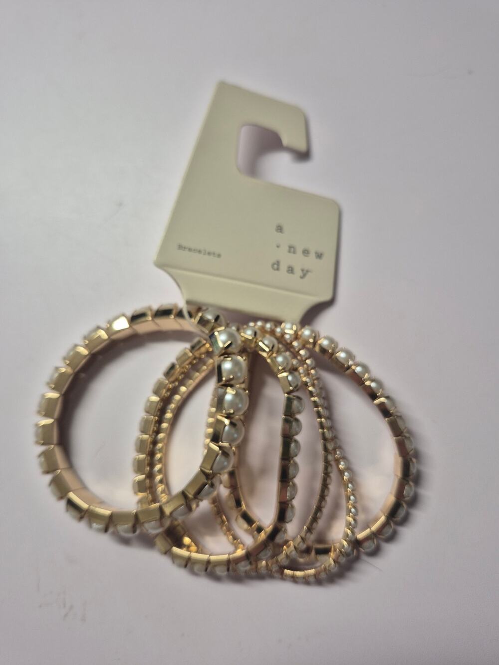 A New Day 5 Pc Bracelet Bundle Gold Beaded Elastic Thin Thick Different Size s24